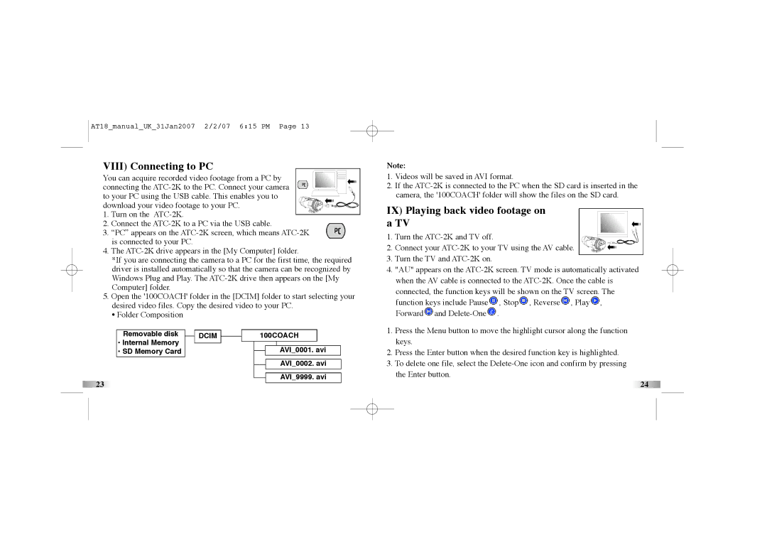 Oregon Scientific atc-2k manual Viii Connecting to PC, IX Playing back video footage on a TV 