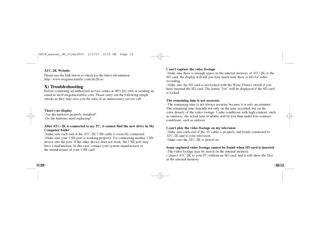 Oregon Scientific atc-2k manual Troubleshooting 