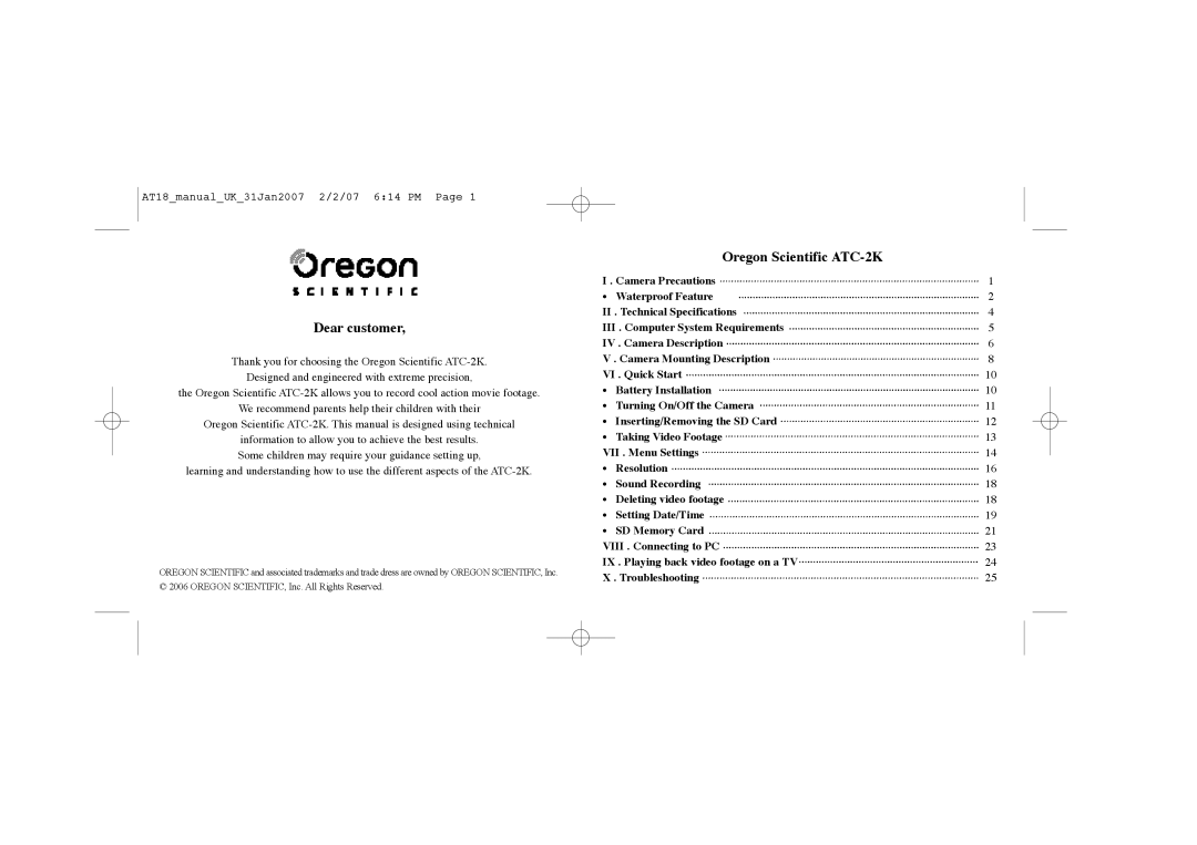 Oregon Scientific atc-2k manual Dear customer 