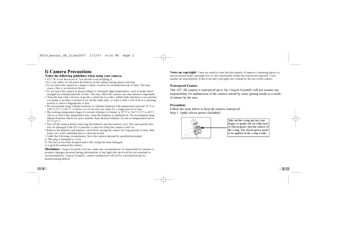 Oregon Scientific atc-2k manual Camera Precautions 