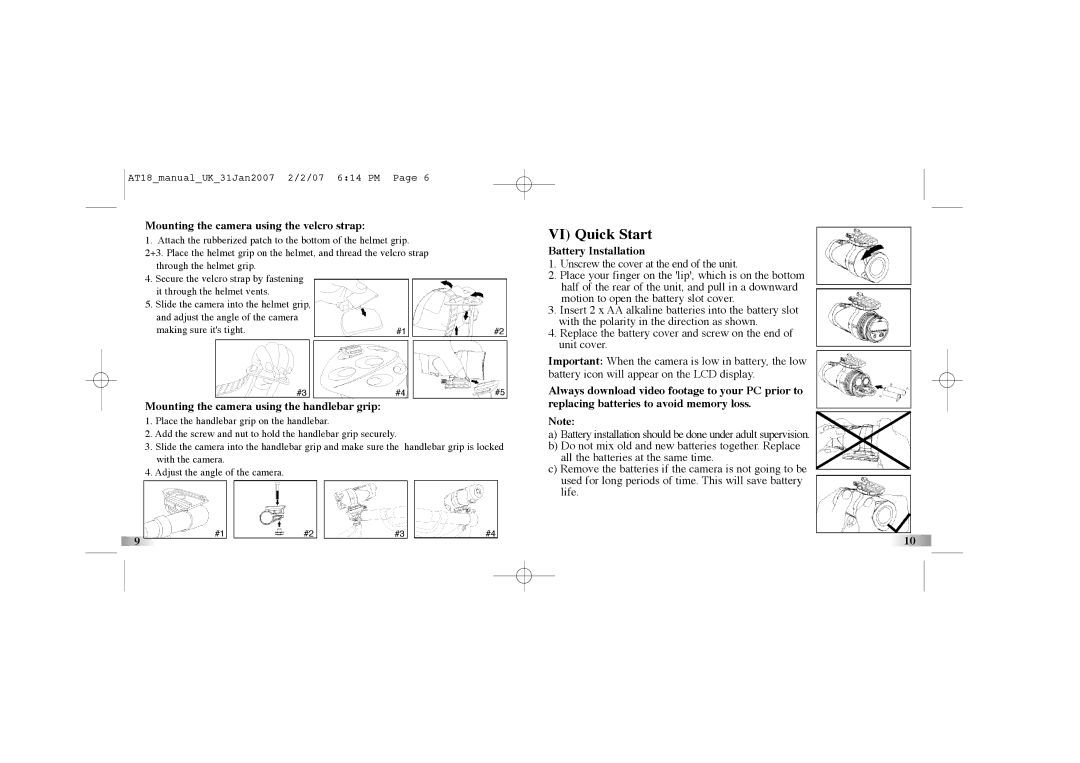 Oregon Scientific atc-2k manual VI Quick Start, Mounting the camera using the velcro strap, Battery Installation 