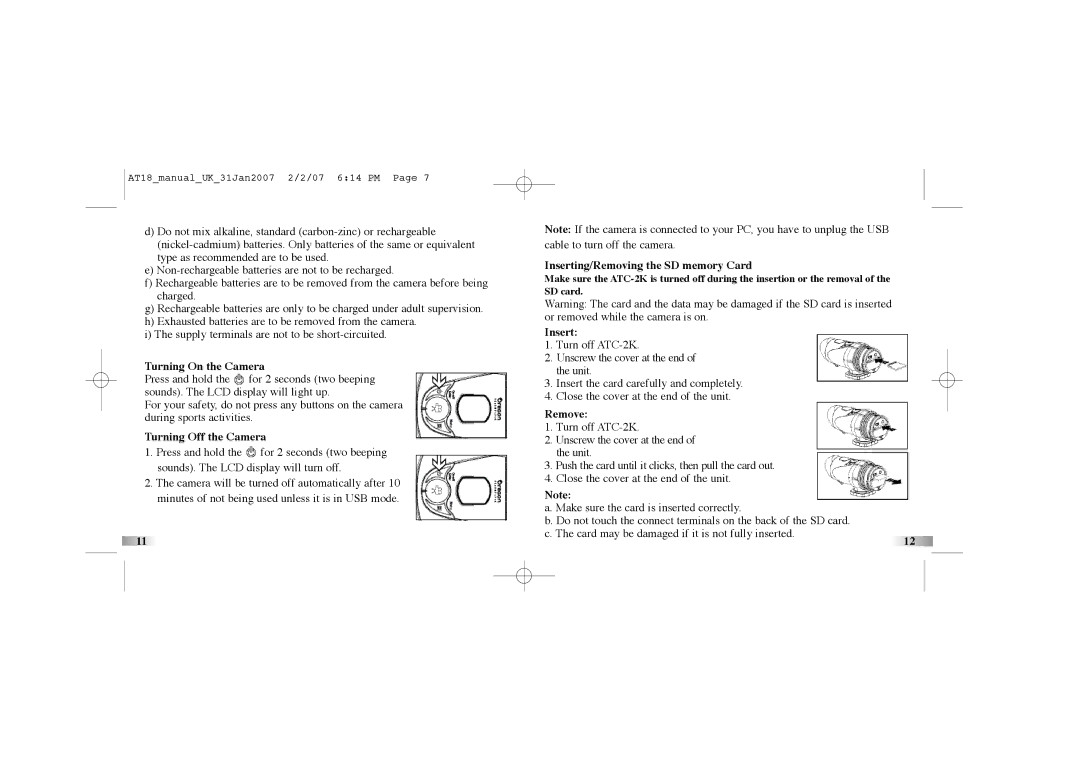 Oregon Scientific atc-2k Turning On the Camera, Turning Off the Camera, Inserting/Removing the SD memory Card, Remove 