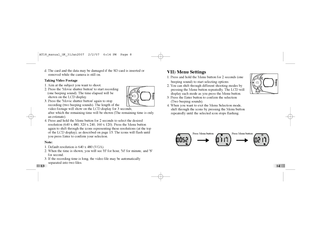 Oregon Scientific atc-2k manual VII Menu Settings, Taking Video Footage 