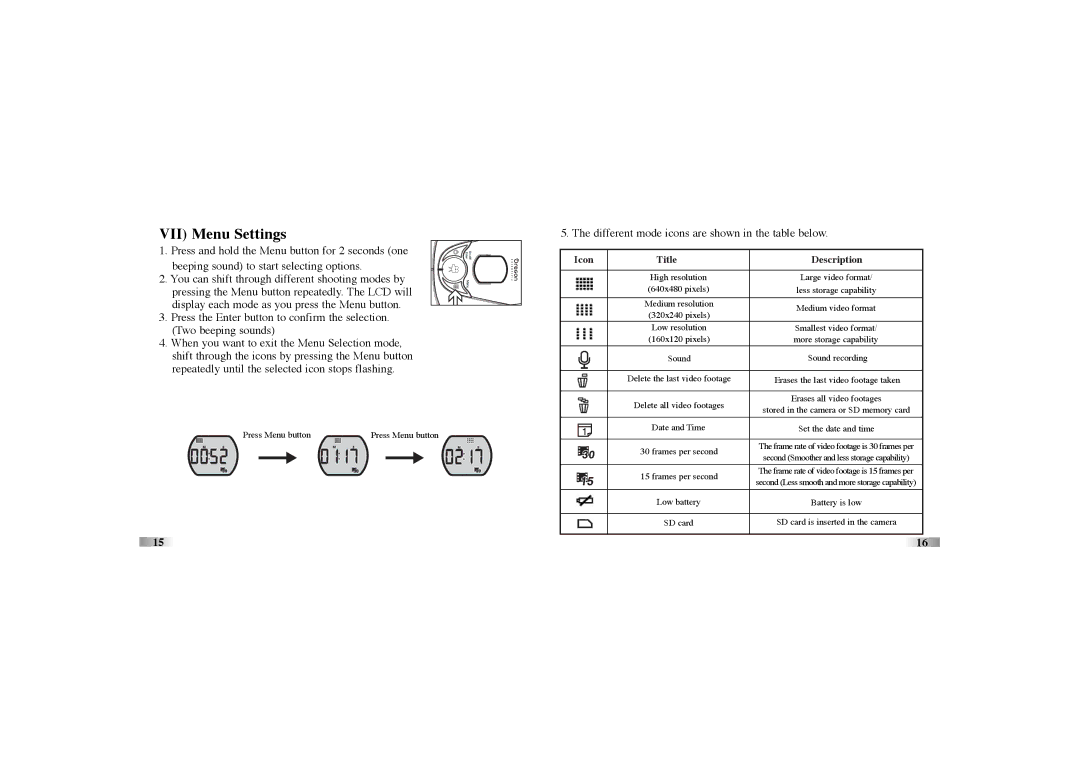 Oregon Scientific atc-2k manual VII Menu Settings, Different mode icons are shown in the table below 