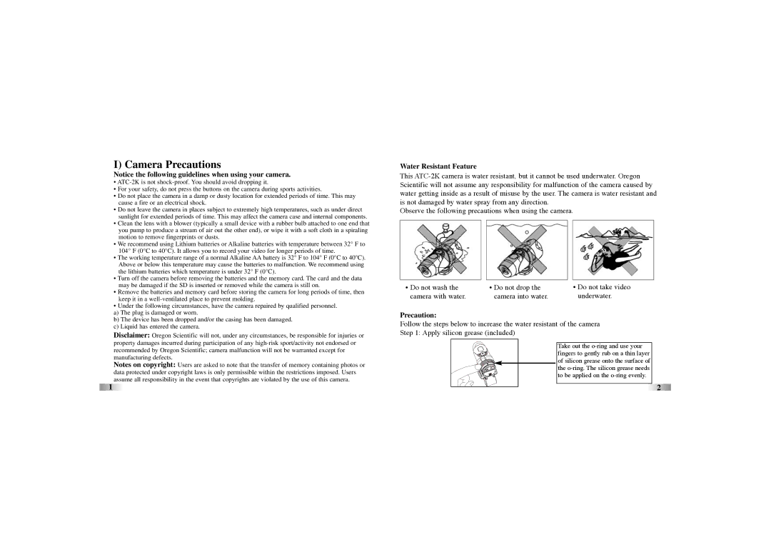 Oregon Scientific atc-2k manual Camera Precautions, Water Resistant Feature 