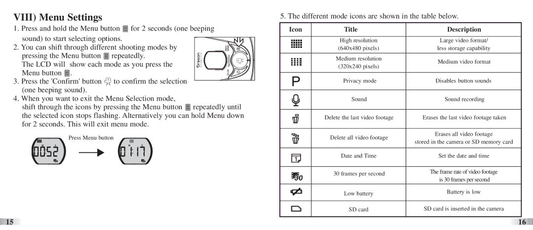 Oregon Scientific ATC3K manual Viii Menu Settings, Icon Title Description 