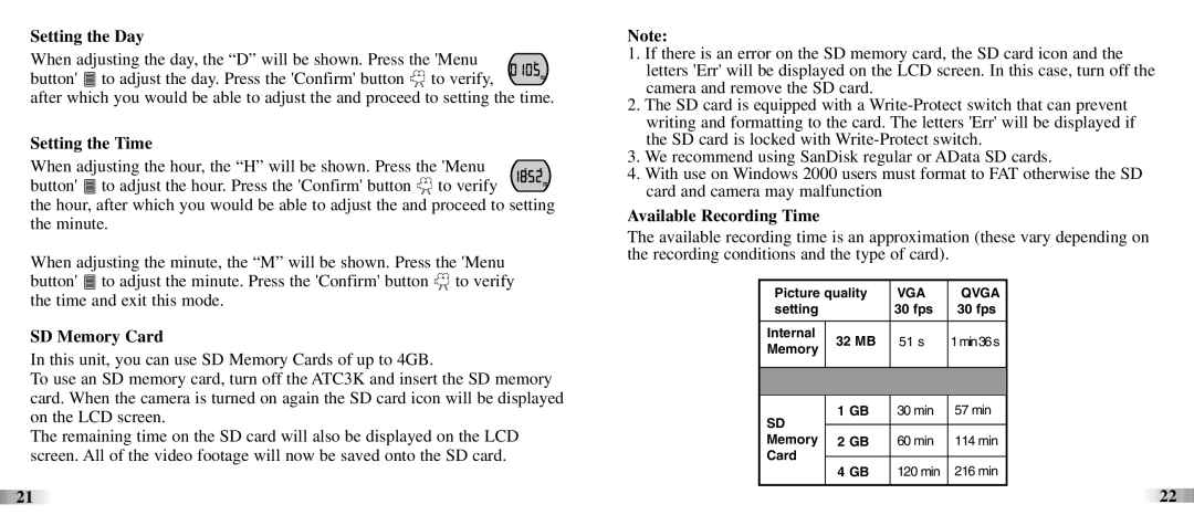 Oregon Scientific ATC3K manual Setting the Day, Setting the Time, SD Memory Card, Available Recording Time 