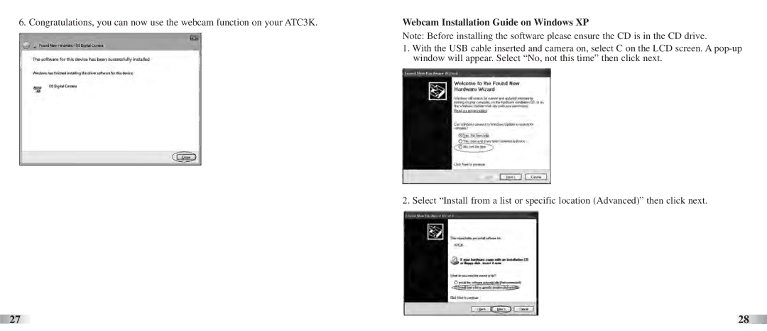 Oregon Scientific ATC3K manual Webcam Installation Guide on Windows XP 