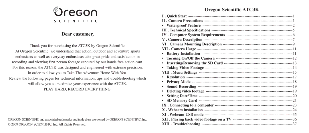 Oregon Scientific ATC3K manual Dear customer 