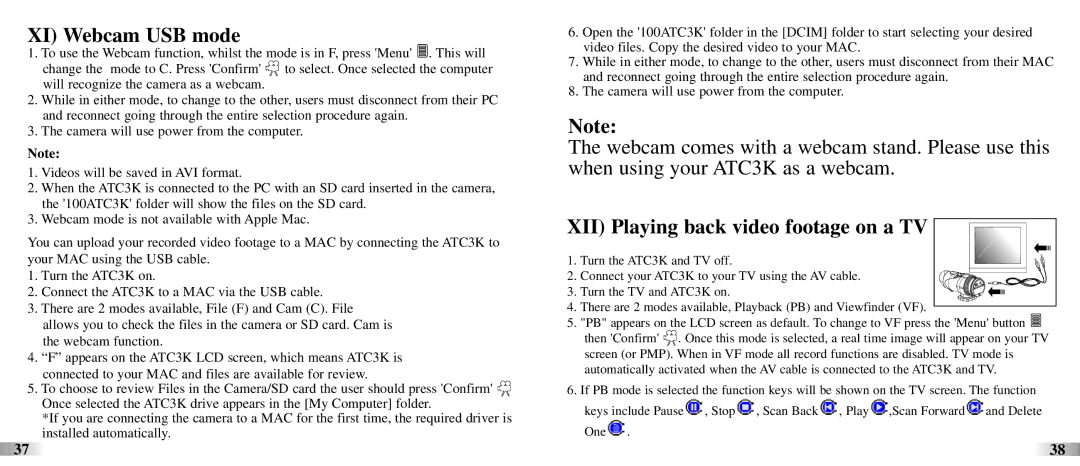 Oregon Scientific ATC3K manual XI Webcam USB mode, XII Playing back video footage on a TV 