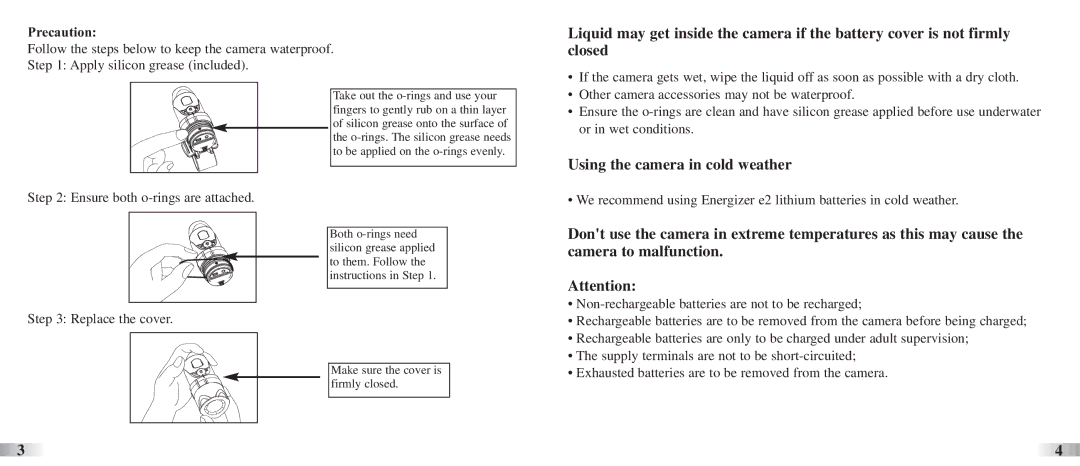 Oregon Scientific ATC3K manual Using the camera in cold weather, Precaution 