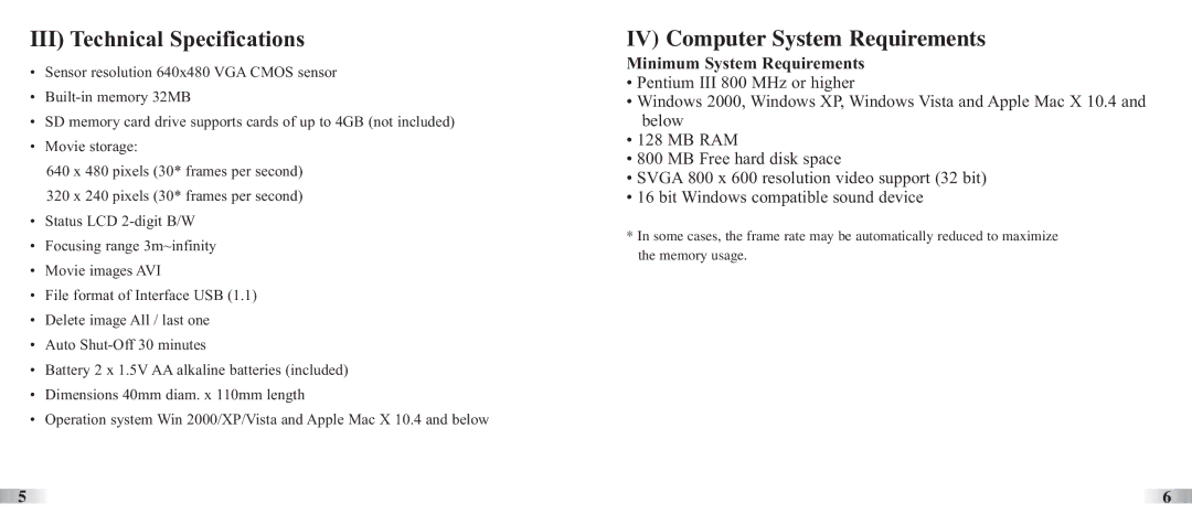 Oregon Scientific ATC3K manual III Technical Specifications, IV Computer System Requirements, Minimum System Requirements 