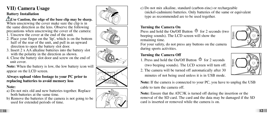 Oregon Scientific ATC3K manual VII Camera Usage, Battery Installation, Turning the Camera Off 