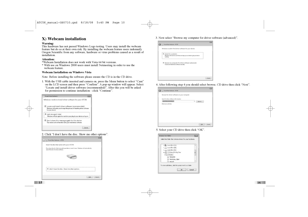 Oregon Scientific ATC5K manual Webcam installation, Webcam Installation on Windows Vista 