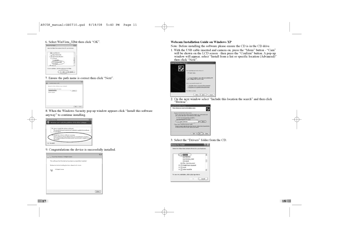 Oregon Scientific ATC5K manual Webcam Installation Guide on Windows XP 