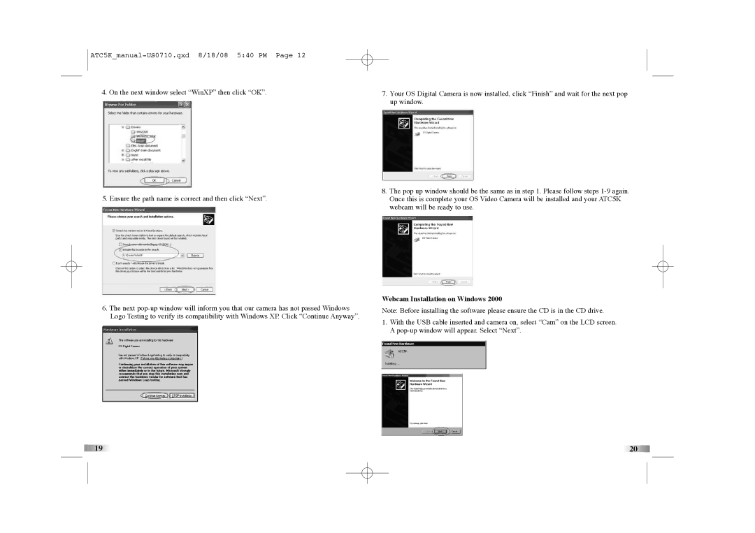 Oregon Scientific ATC5K manual Webcam Installation on Windows 