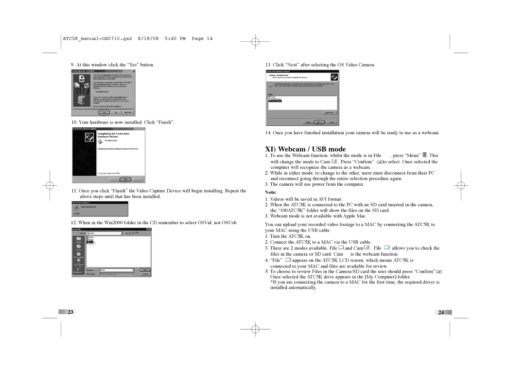 Oregon Scientific ATC5K manual XI Webcam / USB mode 