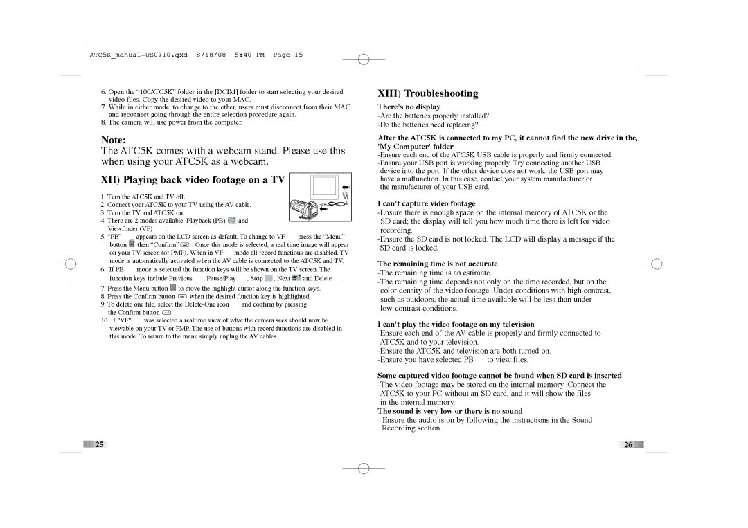 Oregon Scientific ATC5K manual XII Playing back video footage on a TV, Xiii Troubleshooting 