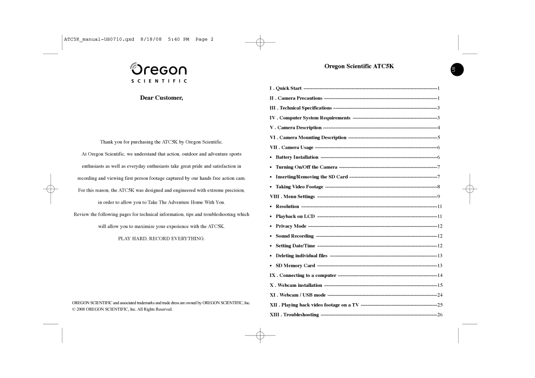 Oregon Scientific ATC5K manual Dear Customer 