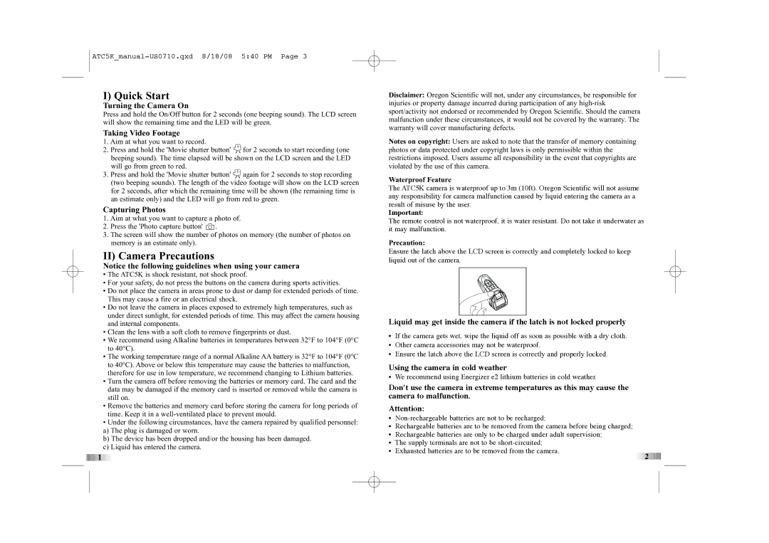 Oregon Scientific ATC5K manual Quick Start, II Camera Precautions 