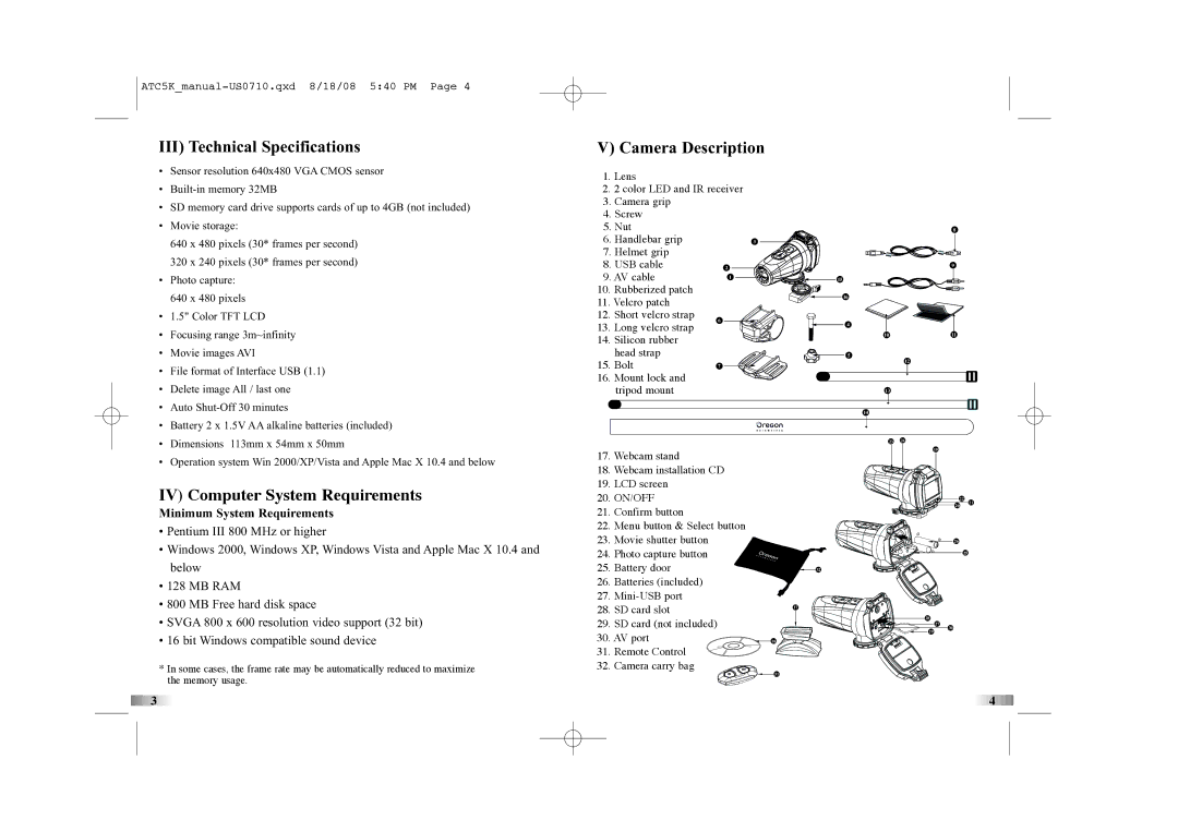 Oregon Scientific ATC5K manual III Technical Specifications, Camera Description, IV Computer System Requirements 