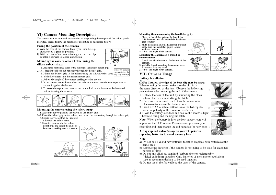 Oregon Scientific ATC5K manual VI Camera Mounting Description, VII Camera Usage, Fixing the position of the camera 