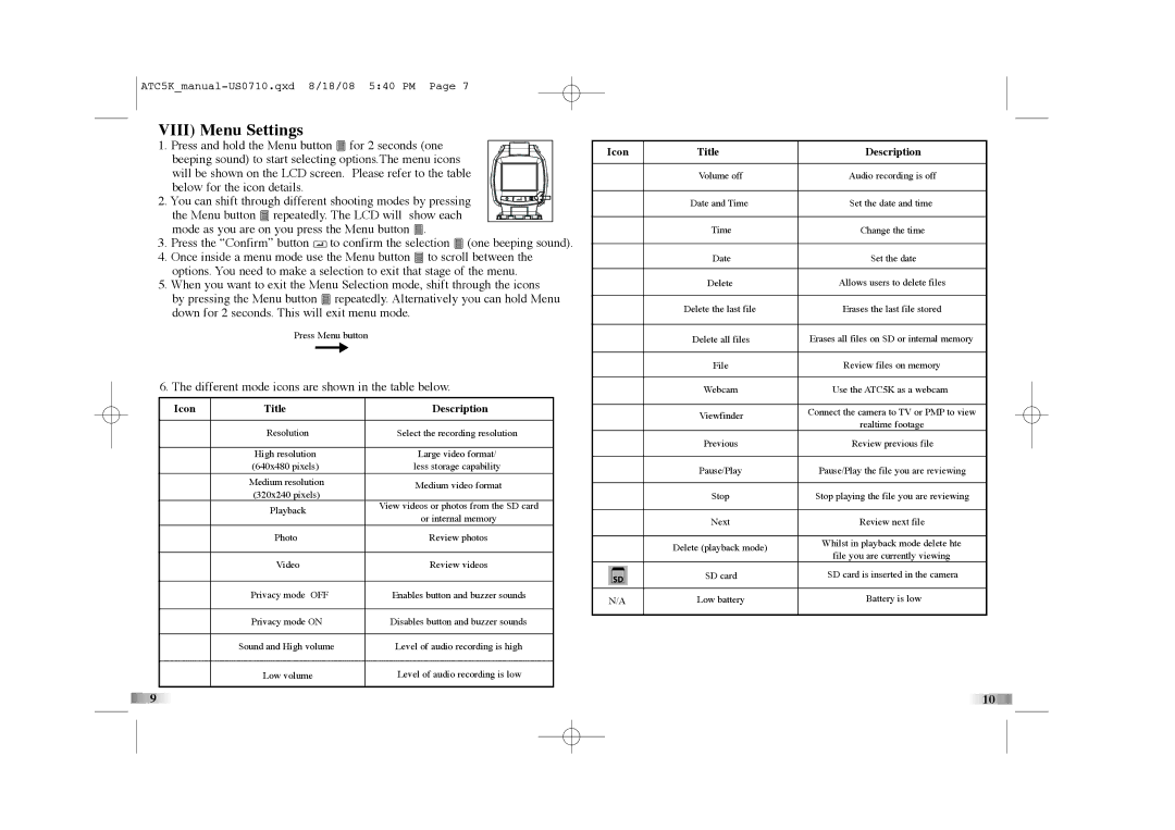 Oregon Scientific ATC5K manual Viii Menu Settings, Icon Title Description 