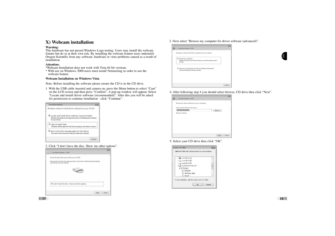 Oregon Scientific ATC5K manual Webcam installation, Webcam Installation on Windows Vista 