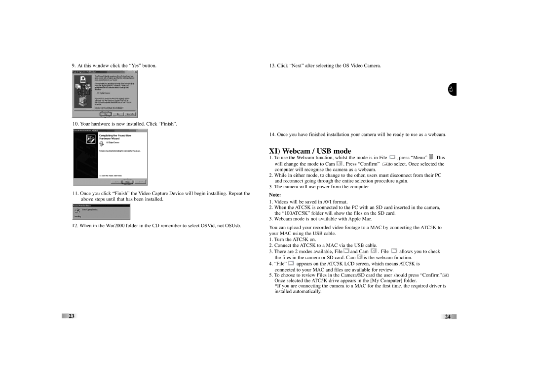 Oregon Scientific ATC5K manual XI Webcam / USB mode 