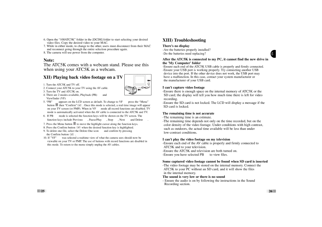 Oregon Scientific ATC5K manual XII Playing back video footage on a TV, Xiii Troubleshooting 