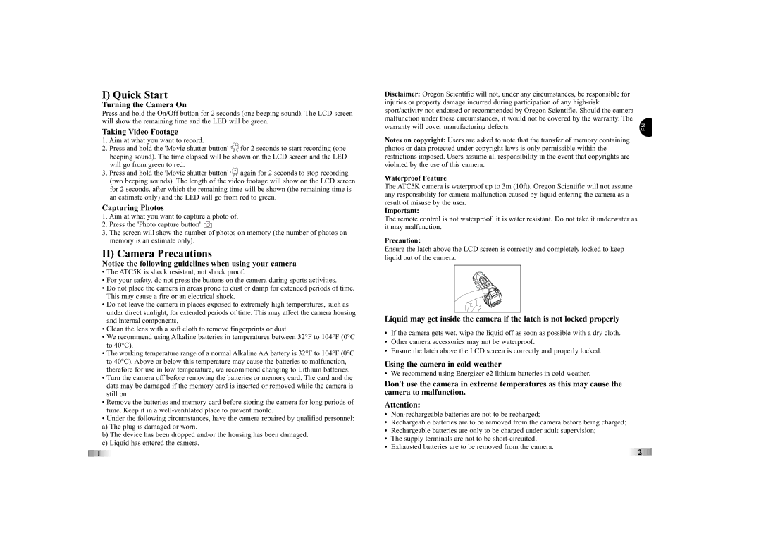 Oregon Scientific ATC5K manual Quick Start, II Camera Precautions 