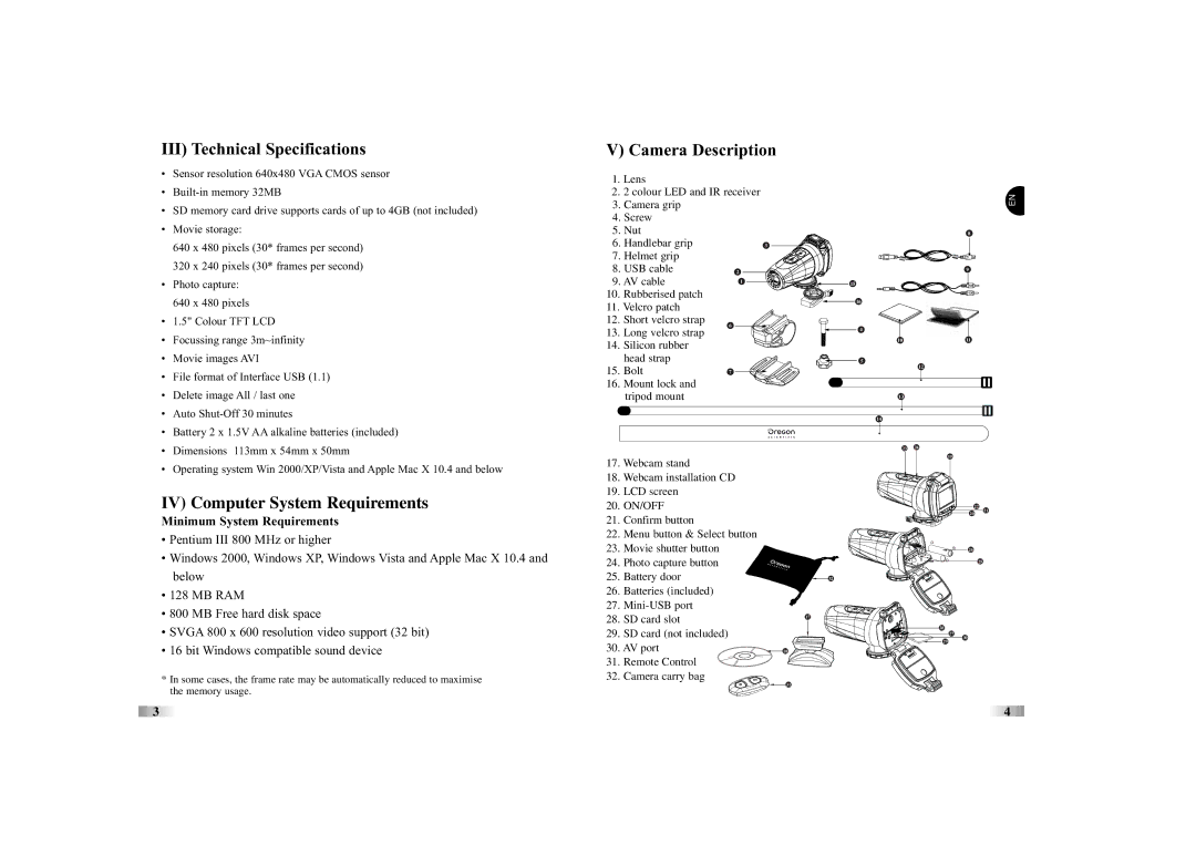 Oregon Scientific ATC5K manual III Technical Specifications, Camera Description, IV Computer System Requirements 