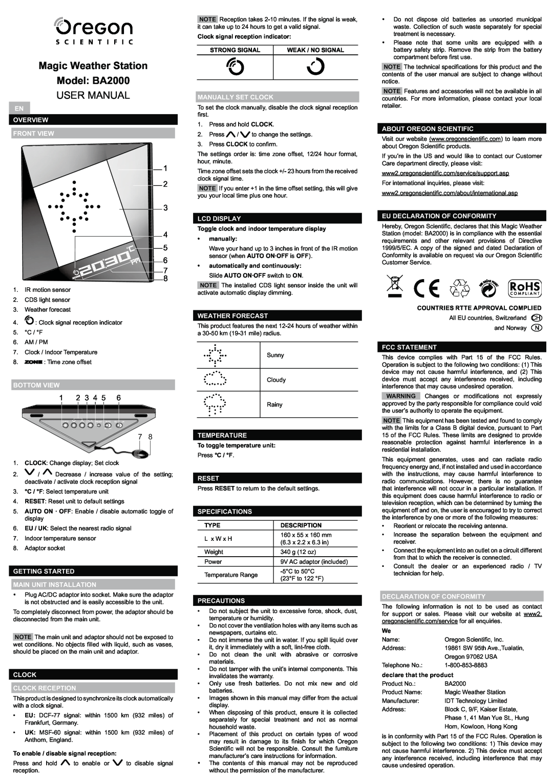 Oregon Scientific BA2000 manual        , $**+, 1 ./0, 1 /.0//*0 