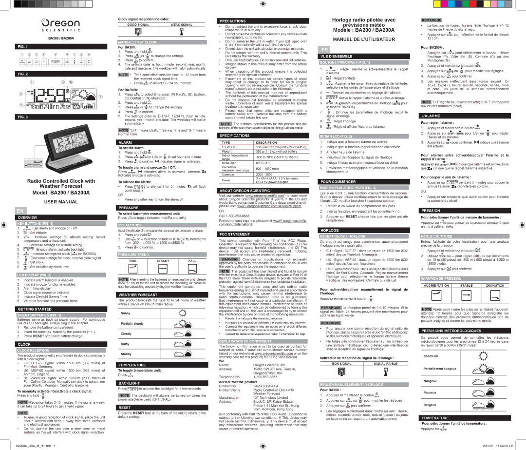 Oregon Scientific BA200 user manual Overview KEY Buttons FIG, LCD Display FIG, Getting Started Insert Batteries FIG, Alarm 