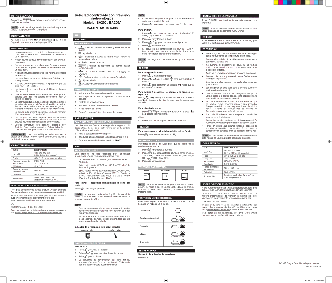 Oregon Scientific BA200A Rétro-Éclairage, Reinitialisation, Caracteristiques, Propos D’OREGON Scientific, Pantalla LCD FIG 