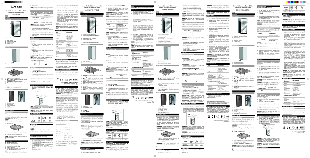 Oregon Scientific specifications Crystal Weather Station Deluxe Edition Model BAR1000 / BAR1000A, Manuale Per L’Utente 