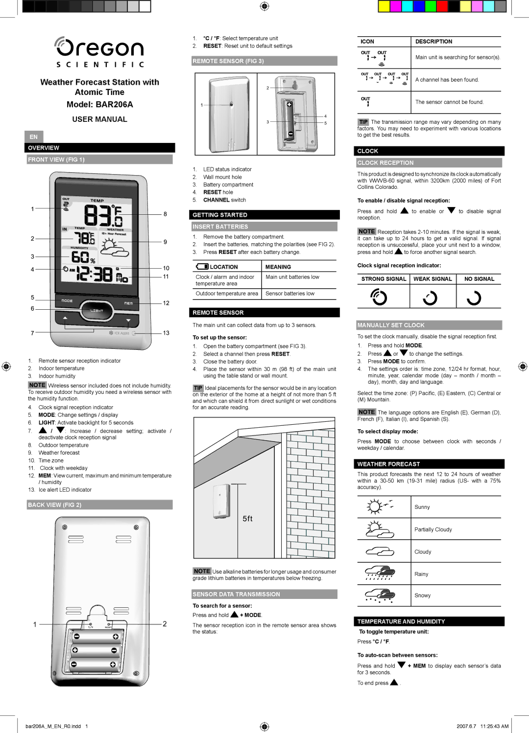 Oregon Scientific BAR206A user manual Overview Front View FIG, Back View FIG, Remote Sensor FIG, Sensor Data Transmission 