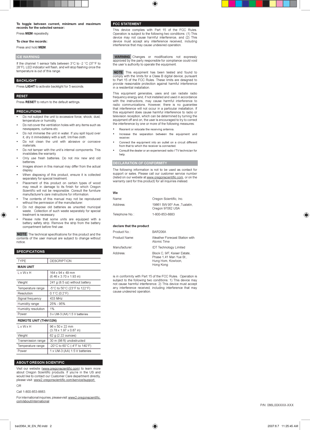 Oregon Scientific BAR206A user manual ICE Warning, Backlight, Reset, Precautions, Specifications, About Oregon Scientific 