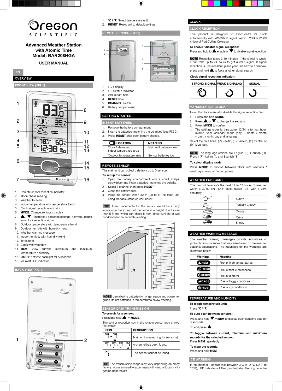 Oregon Scientific BAR208HGA user manual Overview Front View FIG, Back View FIG, Remote Sensor FIG, Clock Clock Reception 