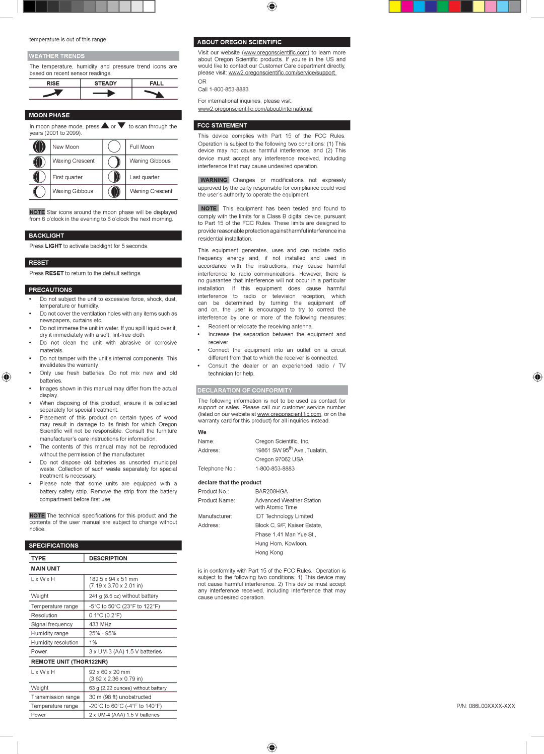 Oregon Scientific BAR208HGA Weather Trends, Moon Phase, Backlight, Reset, Precautions, Specifications, FCC Statement 