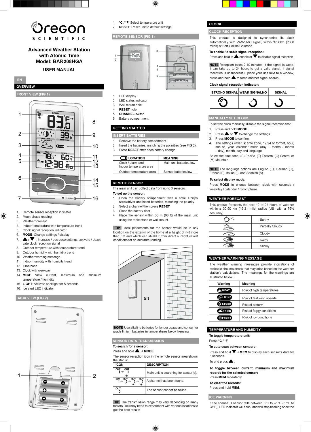 Oregon Scientific user manual Advanced Weather Station with Atomic Time, Model: BAR208HGA, User Manual 
