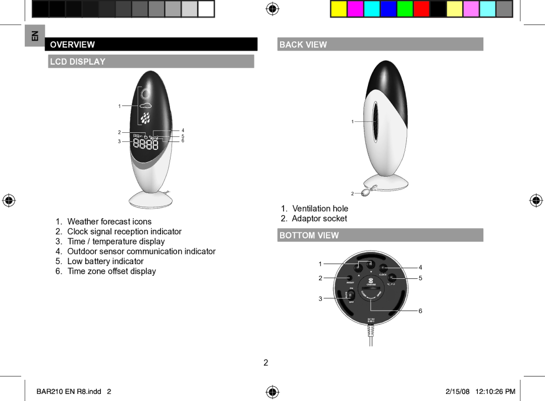 Oregon Scientific BAR210A, BAR210U user manual Overview, LCD Display, Back View, Bottom View 