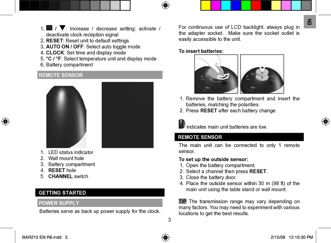 Oregon Scientific BAR210A Remote Sensor, Reset hole Channel switch, Getting Started Power Supply, To insert batteries 