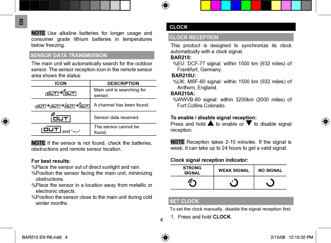 Oregon Scientific BAR210U, BAR210A user manual Sensor Data Transmission, Clock Clock Reception, SET Clock 