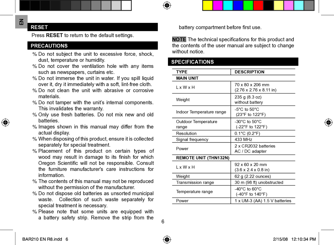 Oregon Scientific BAR210A, BAR210U user manual Reset, Precautions, Specifications 