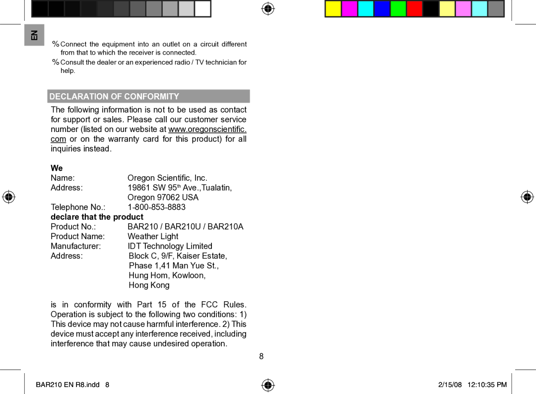 Oregon Scientific BAR210A, BAR210U user manual Declaration of Conformity, Declare that the product 