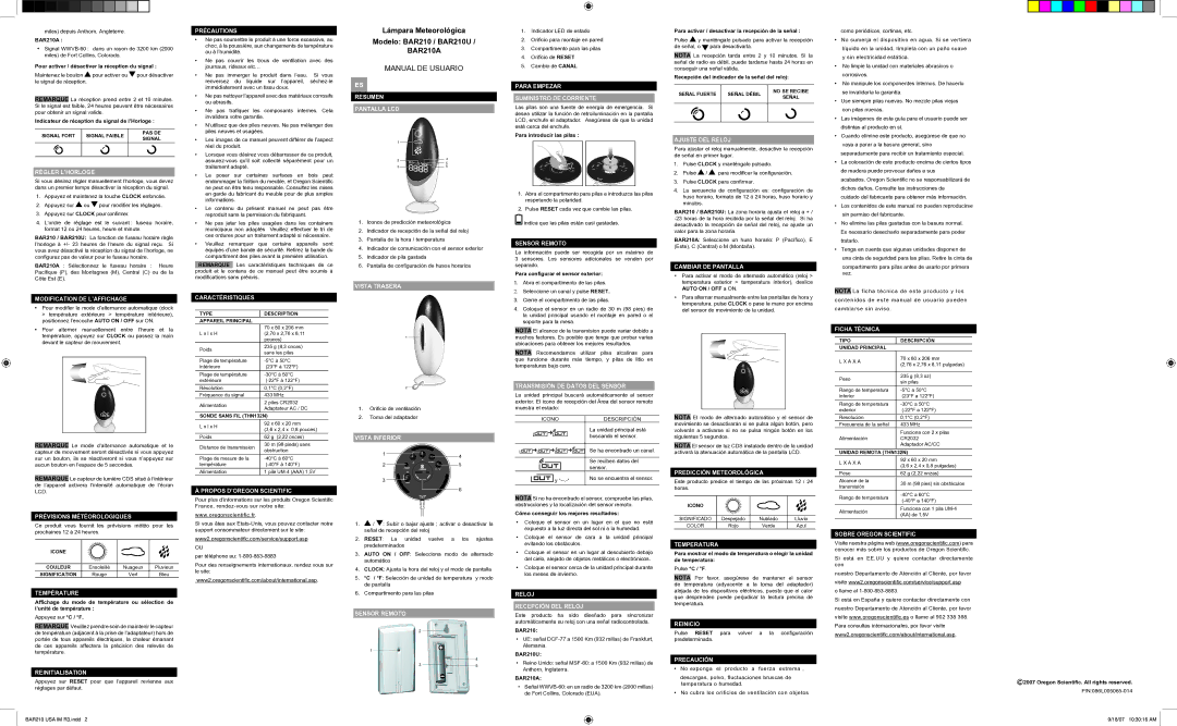 Oregon Scientific BAR210 Régler L’HORLOGE, Modification DE L’AFFICHAGE, Prévisions Météorologiques, Température, Reinicio 