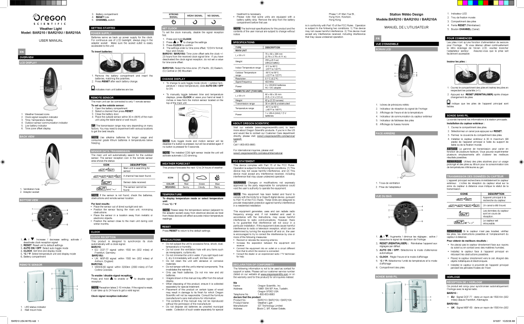 Oregon Scientific specifications Weather Light Model BAR210 / BAR210U / BAR210A, Manuel De L’Utilisateur 