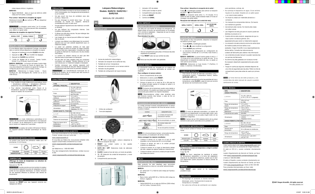 Oregon Scientific specifications Lámpara Meteorológica Modelo BAR210 / BAR210U BAR210A, Manual De Usuario 