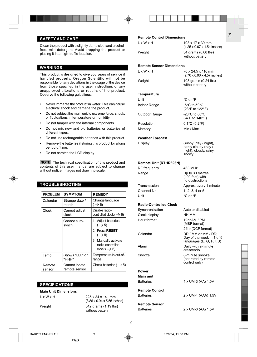 Oregon Scientific BAR289 user manual Safety and Care, Troubleshooting, Specifications, Problem Symptom Remedy 